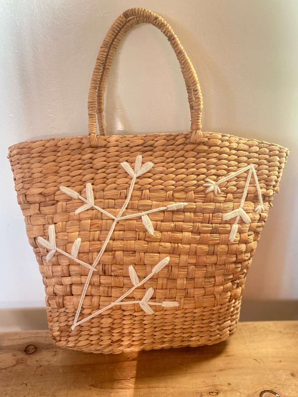 Woven Straw Tote Bag with White Floral